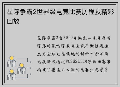 星际争霸2世界级电竞比赛历程及精彩回放
